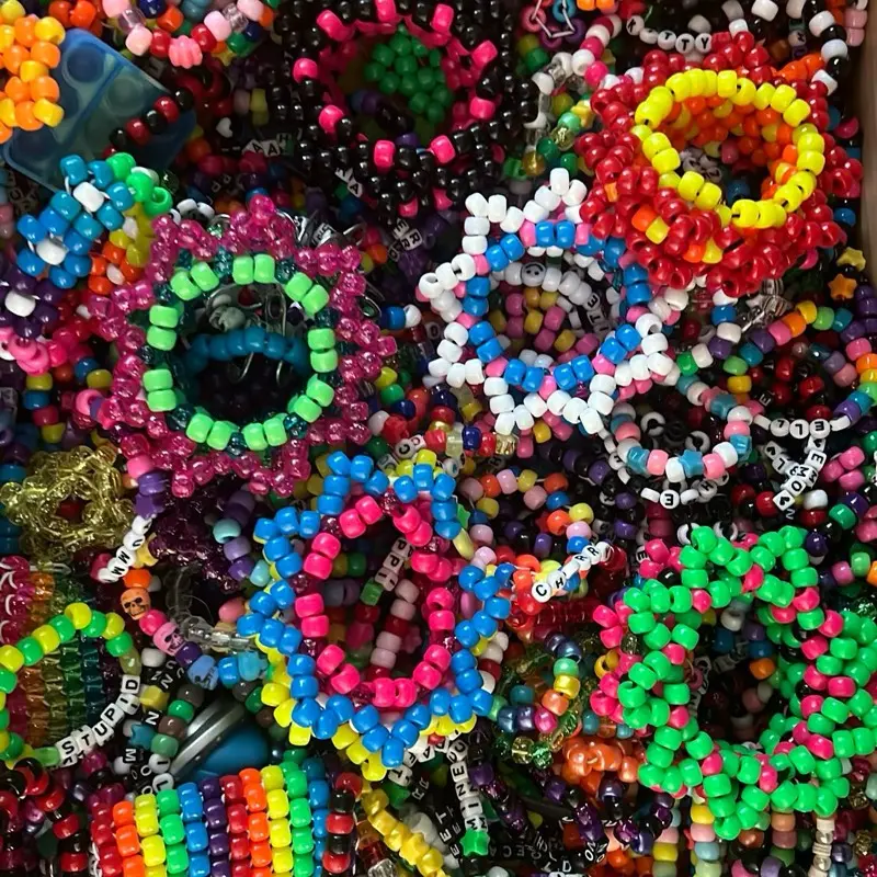 Kandi Random Single Bracelets - 10 Colorful Handcrafted Bracelets with Letter and Charms for EDM Festivals, Raves, and Daily Wear