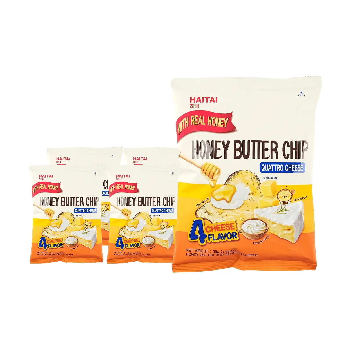HAITAI Korean Quadruple Cheese Honey Butter Chips 55g Multipack (5 Bags) - Crispy Snack for K-Food Lovers