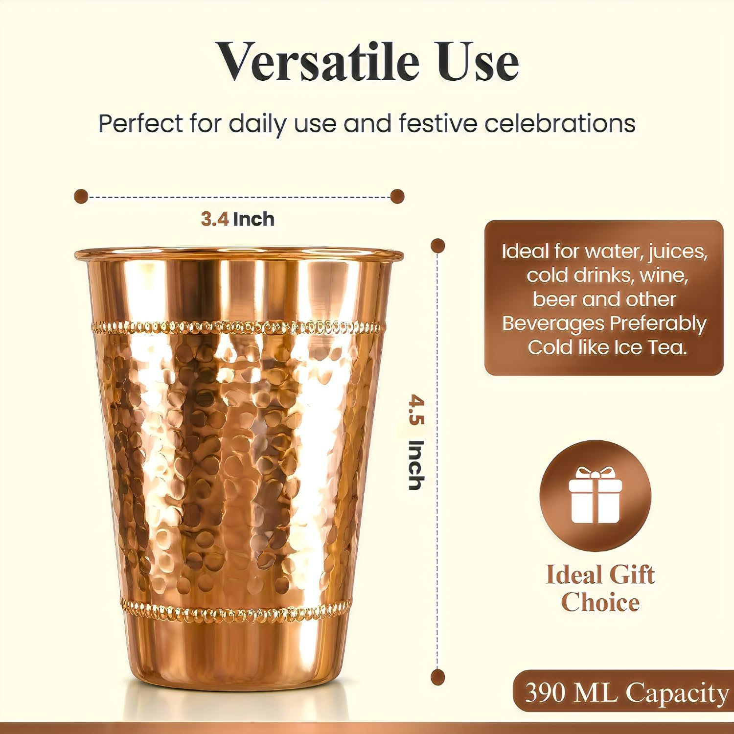 Hammered Pure Copper Water Drinking Glasses Set of 2 – Large 14 Oz Handcrafted Copper Drinking Cups Beautiful Copper Tumblers Ayurvedic Health Benefits Drinkware Cup Ideal Gift