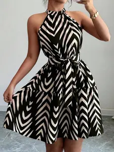 Women's Striped Sleeveless Waist Cinched Casual Vacation Mini Dress, Stylish Summer Fashion, Perfect for Beach and Travel, Womenswear