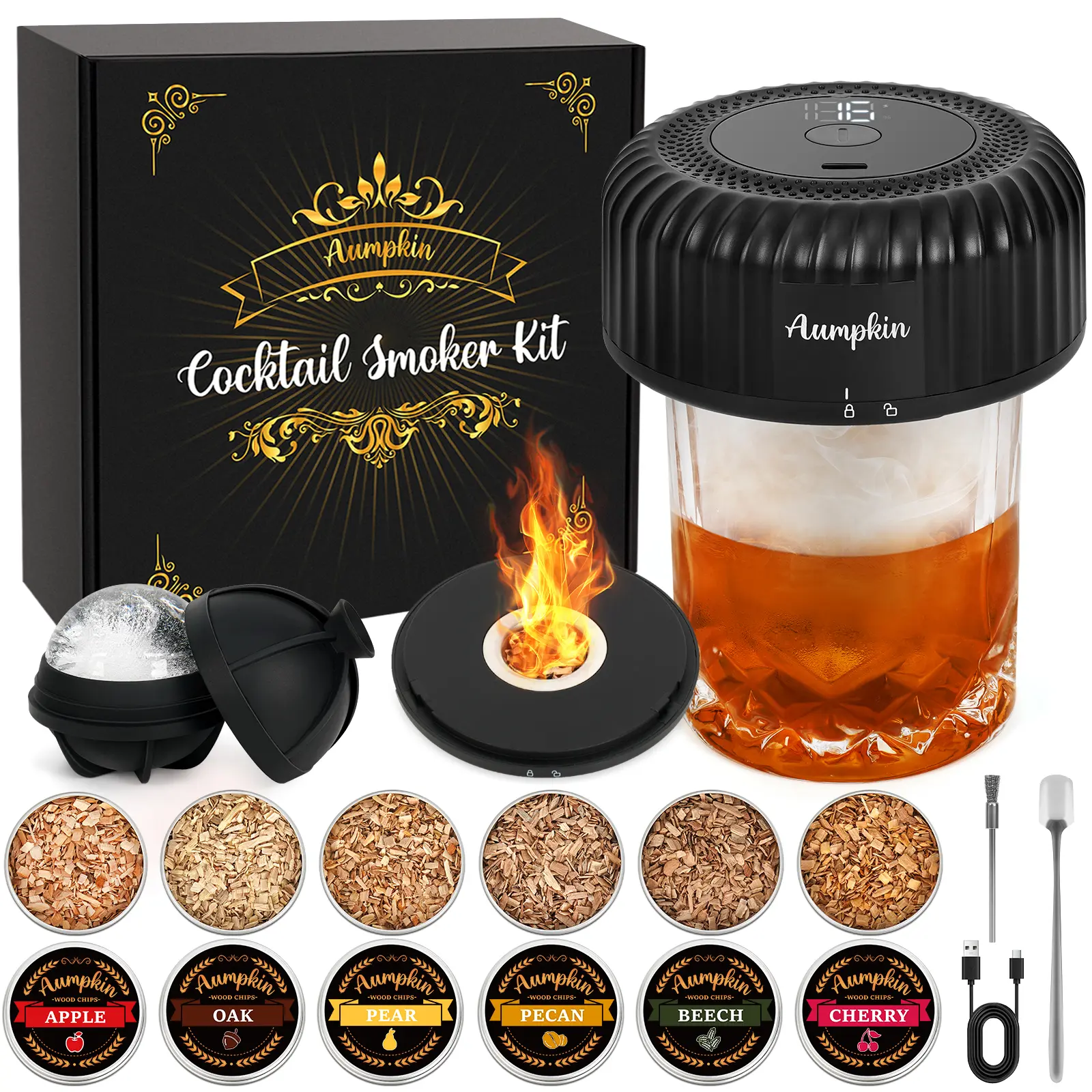 Electric Whiskey Cocktail Smoker Kit with LED Light & Built-in Igniter, Rechargeable, No Butane Required, 6 Flavors Wood Chips for Old Fashioned Bourbon Drinks, Unique Gift for Men, Dad & Husband