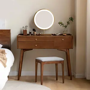 YESWOOD Small Vanity Desk, Solid Wood Dressing Table with Drawer Divider, Study Desk and Vanity Desk for Bedroom, Walnut Color (Only Vanity Table)