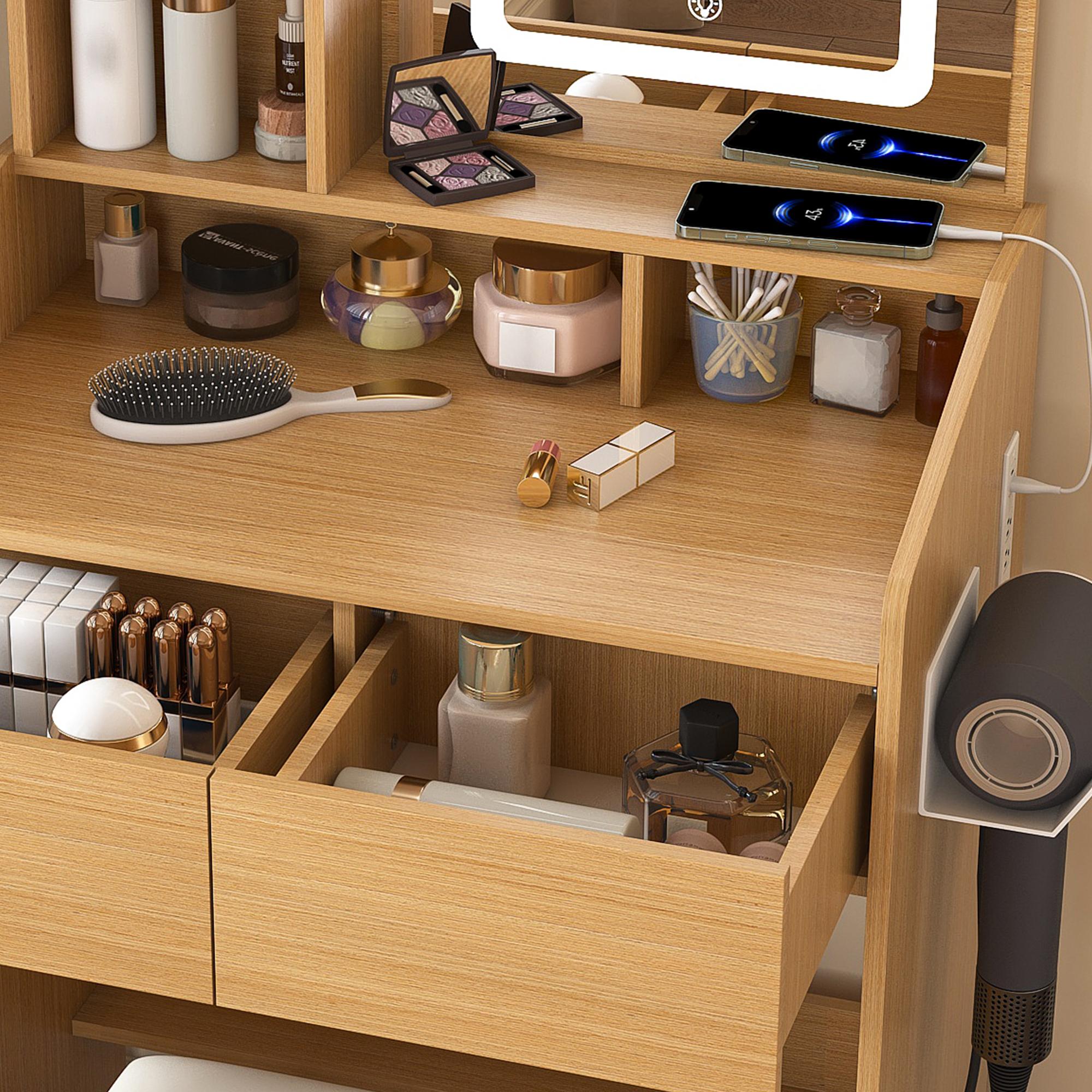 Vanity Table with LED-Illuminated Mirror, Power Outlet, Hairdryer Holder & Stool – Compact Dressing Desk for Small Bedrooms(Wood) Vanity Table with LED-Illuminated Mirror, Power Outlet, Hairdryer Holder & Stool – Compact Dressing Desk for Small Bedrooms(Wood)