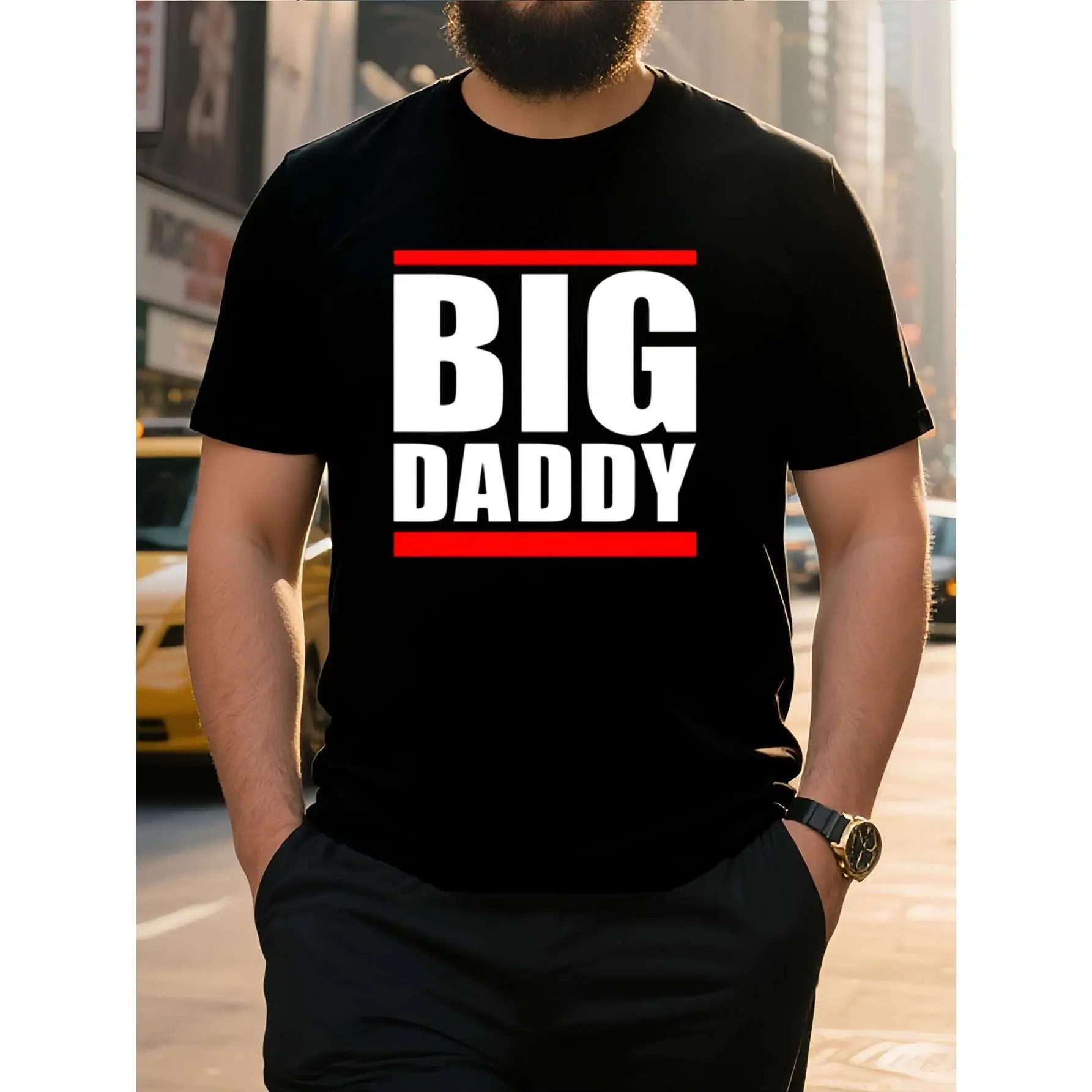Men's Cotton Crew Neck Medium Length Short-Sleeve Big Daddy Graphic T-Shirt - Urban Streetwear Fitted Casual Summer Top, Bold Text, Red Accents, Menswear Tshirt