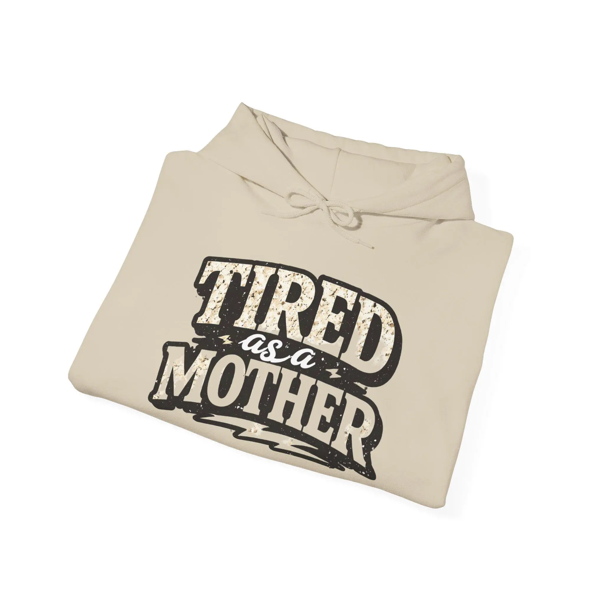 Men's Hooded Sweatshirt with "Tired As A Mother" Embroidery, Soft Cotton-Blend Pullover with Kangaroo Pocket, Menswear, Decoration, Layer, Tumble Dry, Regular, Low Iron, Double-Lined, Simple Text, Loose, Smooth, Fabric, Tops, Print, Casual