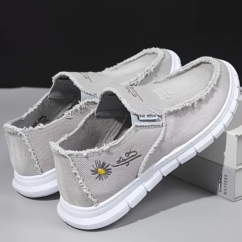 Women's Distressed Canvas Slip-On Loafers, Daisy Embroidered Breathable Casual Walking Shoes