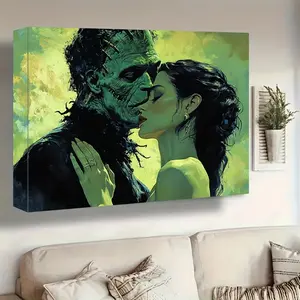 Dark Academy Gothic Frankenstein and His Bride Artistic Poster - 1.5-in Solid Wood Frame, Gothic Halloween Decor Photo for Room Wall Home Decor