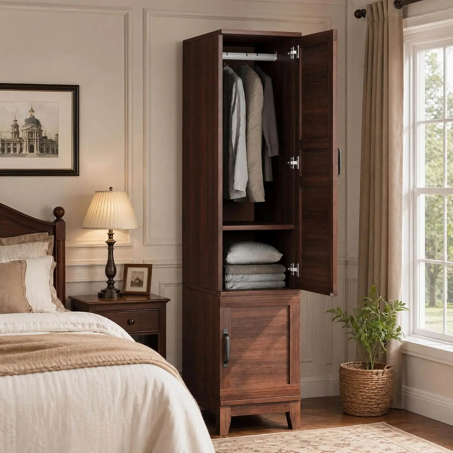 72" Tall Narrow Wooden Armoire Wardrobe Closet, 2-Door Space-Saving Closet Storage Cabinet with Hanging Rod & Adjustable Shelves for Bedrooms