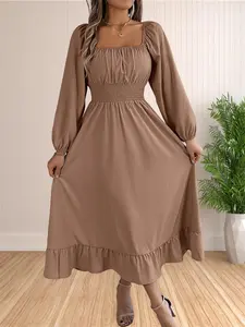 Women's Plain Ruched Ruffle Hem Shirred A Line Dress, Chic Elegant Bishop Sleeve Square Neck Long Sleeve Dress for Party Holiday Wedding Guest, Ladies Fall & Winter Clothes