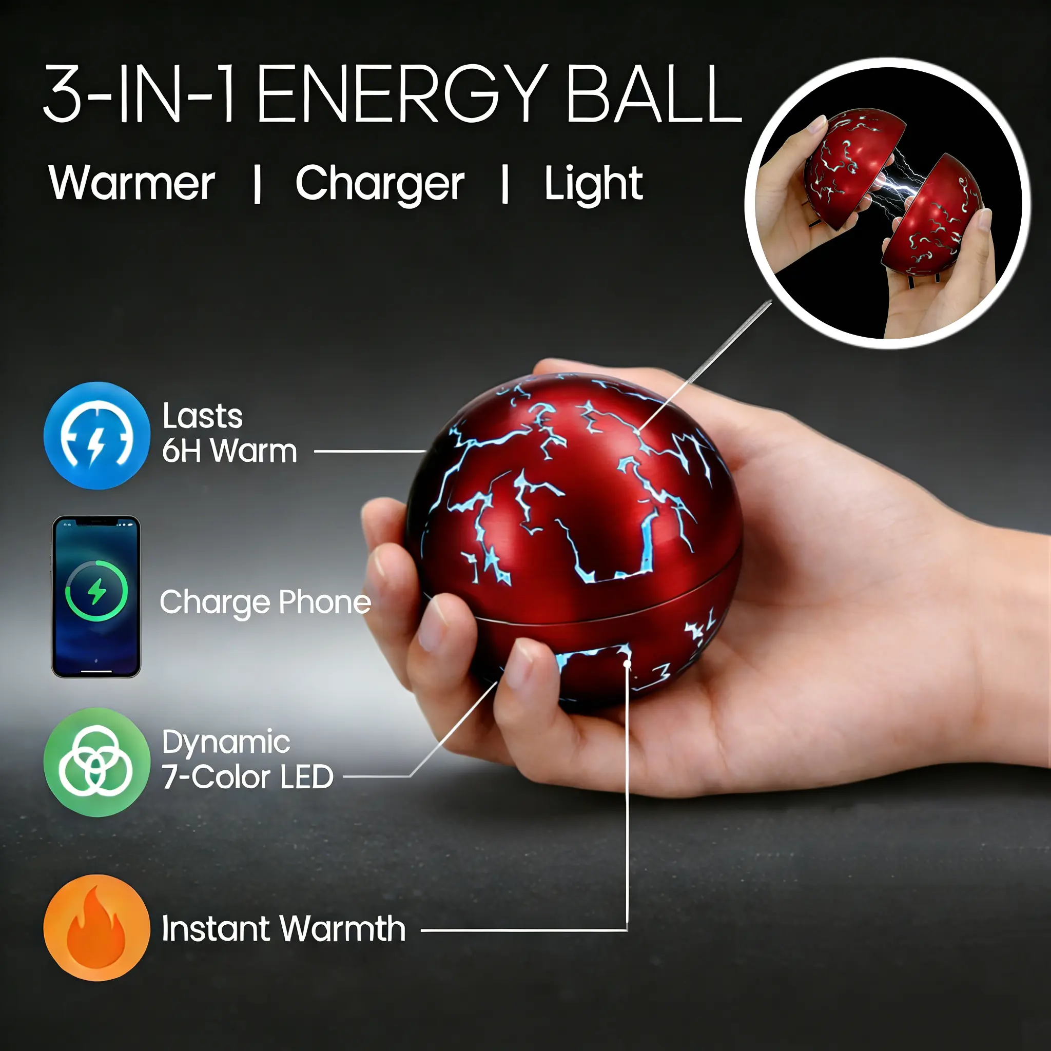 Hand Warmer 3-in-1 Power Bank 5200mAh CoxiVision Rechargeable FCC Certified 2 Heat Modes 7-Color LED Lights USB-C Simply Portable for MenWomen Winter Outdoor Camping Hunting Hiking Golf Perfect Christmas Thanksgiving Gift TikTokShopBlackFriday