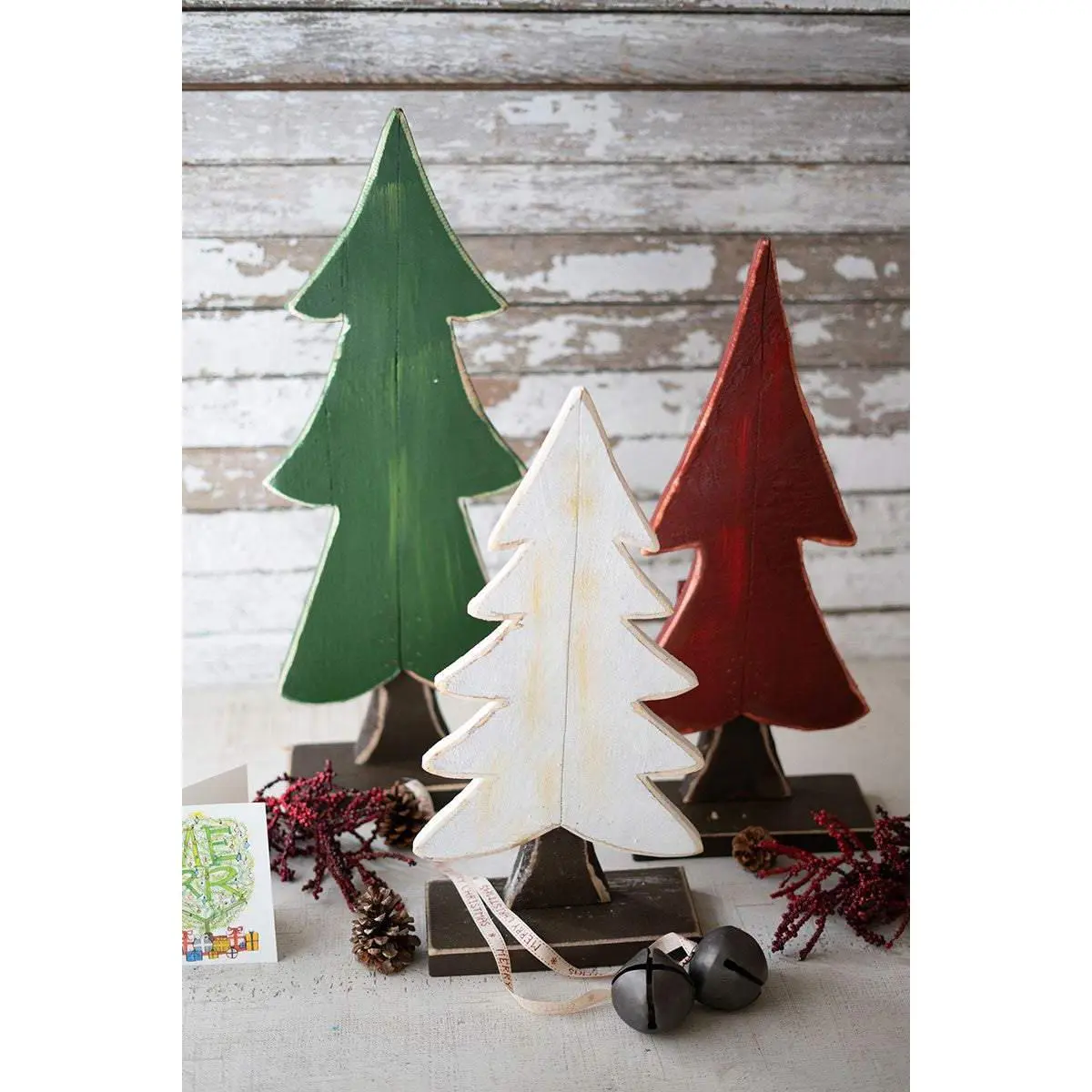 Wooden Christmas Tree Set of 3 on stand - Rustic Farmhouse Christmas - Holiday Home Gift