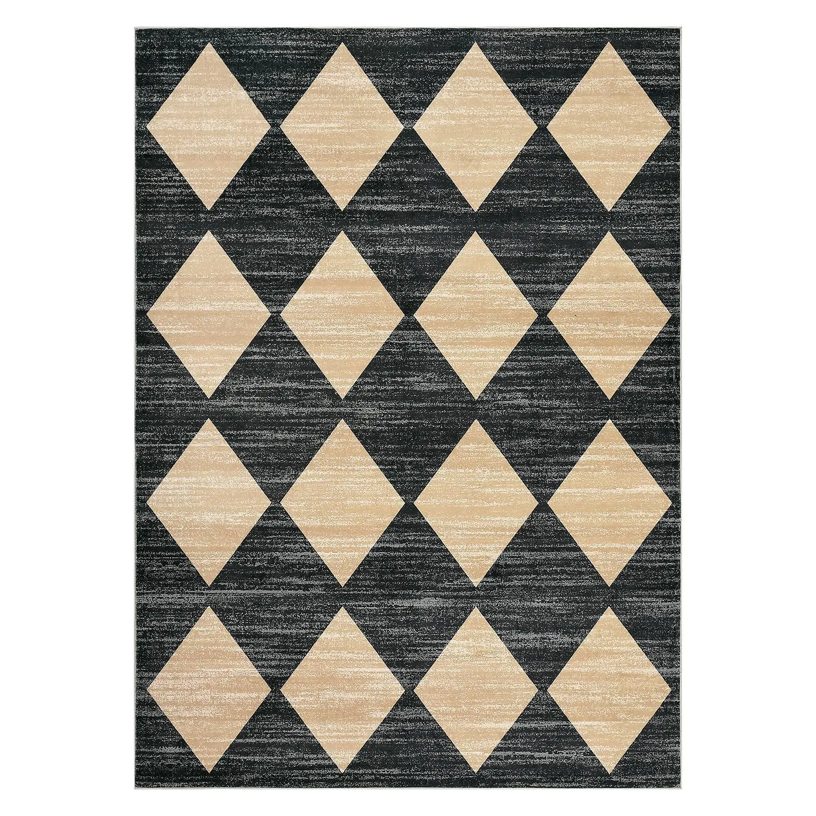 8 x 10 ft Polyester Black/Taupe Rectangular Living Room Bedroom Dining Room Modern Geometric Diamond Print Machine Washable Area Rug-C