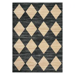 8 x 10 ft Polyester Black/Taupe Rectangular Living Room Bedroom Dining Room Modern Geometric Diamond Print Machine Washable Area Rug-C