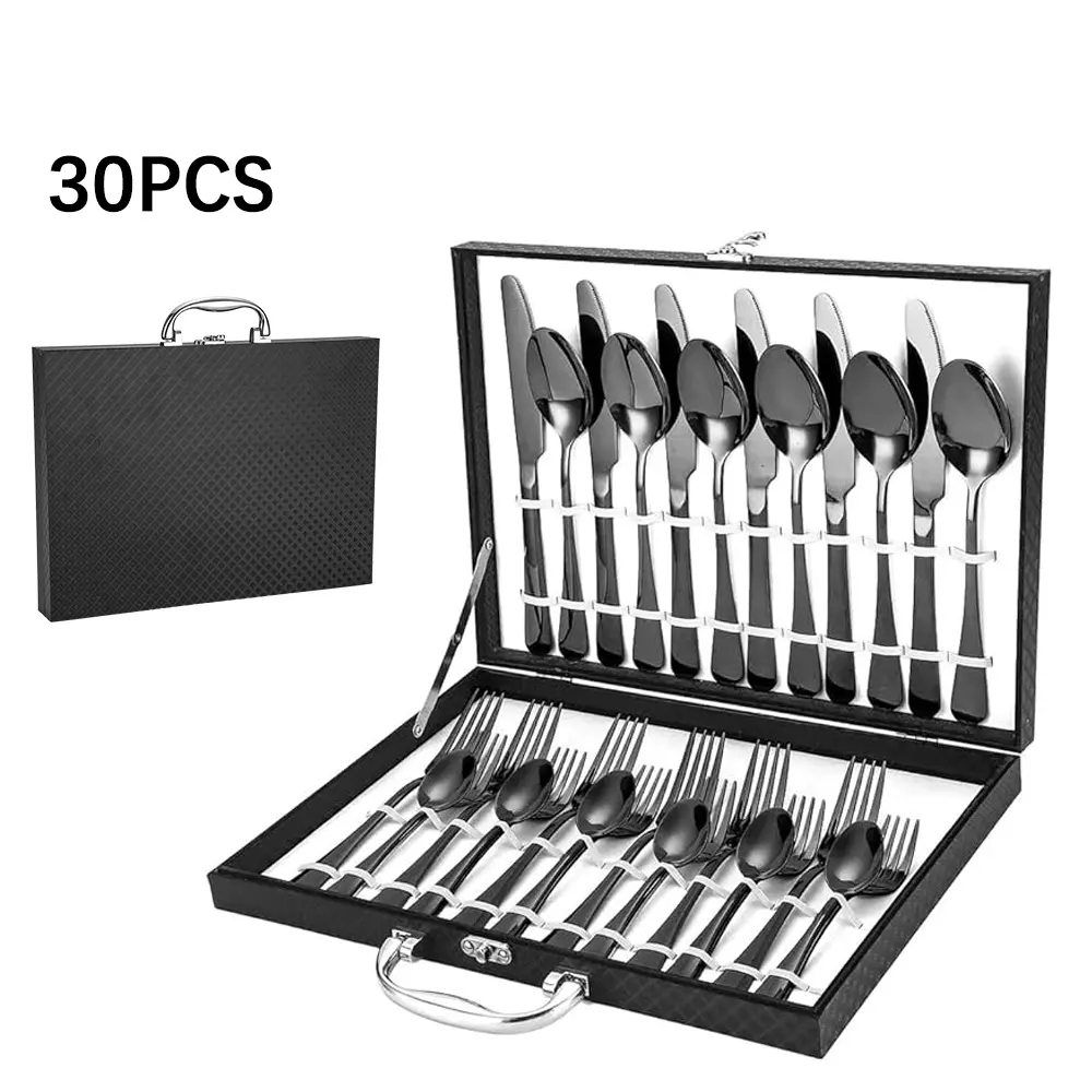 30 Piece Silverware Set Stainless Steel Cutlery Flatware Set with Premium Gift Box Service for 6,Kitchen Utensils Knife Fork Spoon Dinnerware Tableware,Mirror Polished Utensil Set Sturdy Black