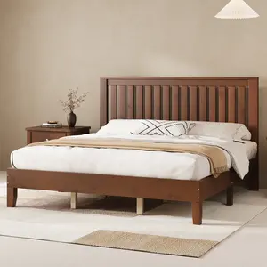 [DealsForYouDays][Summerwins] AMERLIFE Solid Wood Bed Frame, Mid-Century Wooden Platform Bed with Grille Headboard, Wood Slat System/No Box Spring Needed/Noise Free