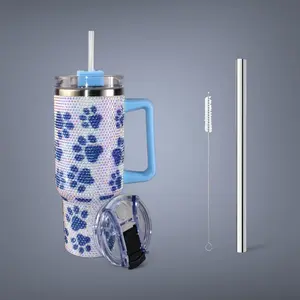 1 PACK, 40oz Tumbler, Paw Print Pattern Rhinestone, Stainless Steel, Vacuum Insulation, Thermal Insulation