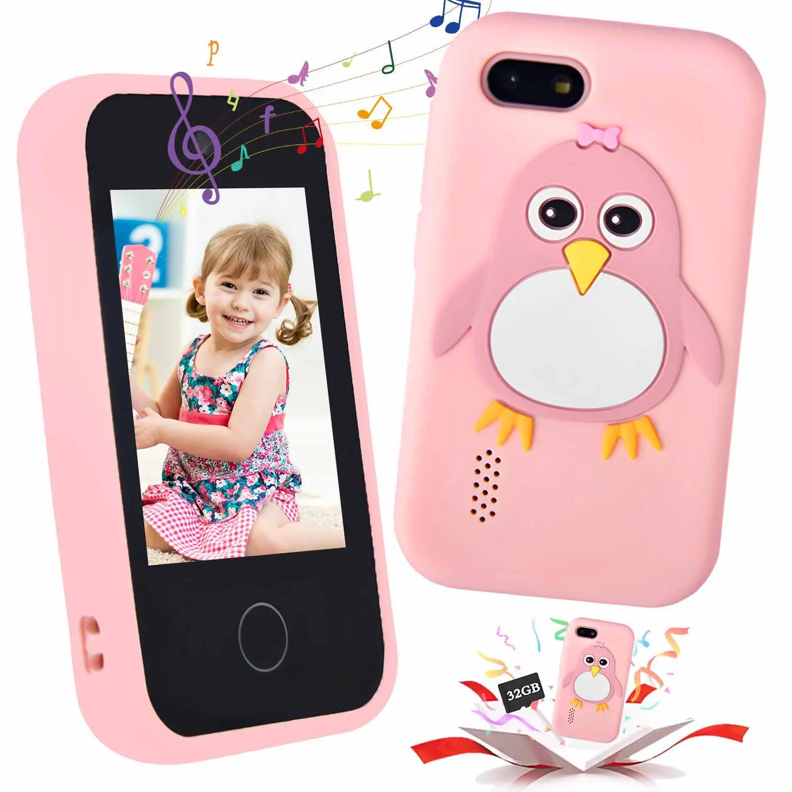 2.8 Inch Touch Screen Kids Toy Smartphone, Penguin Themed Pretend Play Phone with Dual Camera, Music Player & Voice Recorder, Surprise Christmas and Birthday Gift for Boys & Girls Ages 3-12 (32GB Card Included)