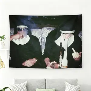 Smoking Nuns with Bong Meme Wall Flag, Grunge Aesthetic Funny Tapestry, Stoner Room Decor, Tapestry Wall Hanging