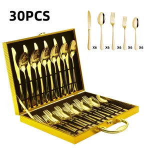 30pcs Golden Stainless Steel Silverware With Gift Box Set, 6 People Golden Knives, Forks And Spoons Flatware Set, Exquisite Wooden Box Packaging, Ideal For Business Gifts, Weddings, Celebrations, Banquets