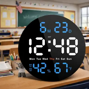 Large Digital Clock for Classroom, Digital Classroom Clocks for Teachers, 10" Round LED Clock with Large Display，Date, Countdown Timer, Remote Control, Temperature, Electric (Blue)
