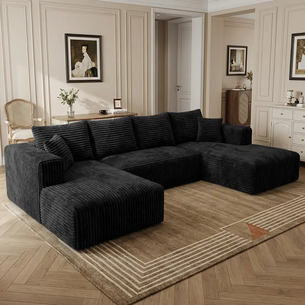U-Shape Modular Cloud Sectional – Double Chaise Lounge Corduroy Boneless Sofa, No Assembly Required Convertible Sofa Cama & Spacious Sectional Couch for Living Room, Modern Sleeper Sofa
