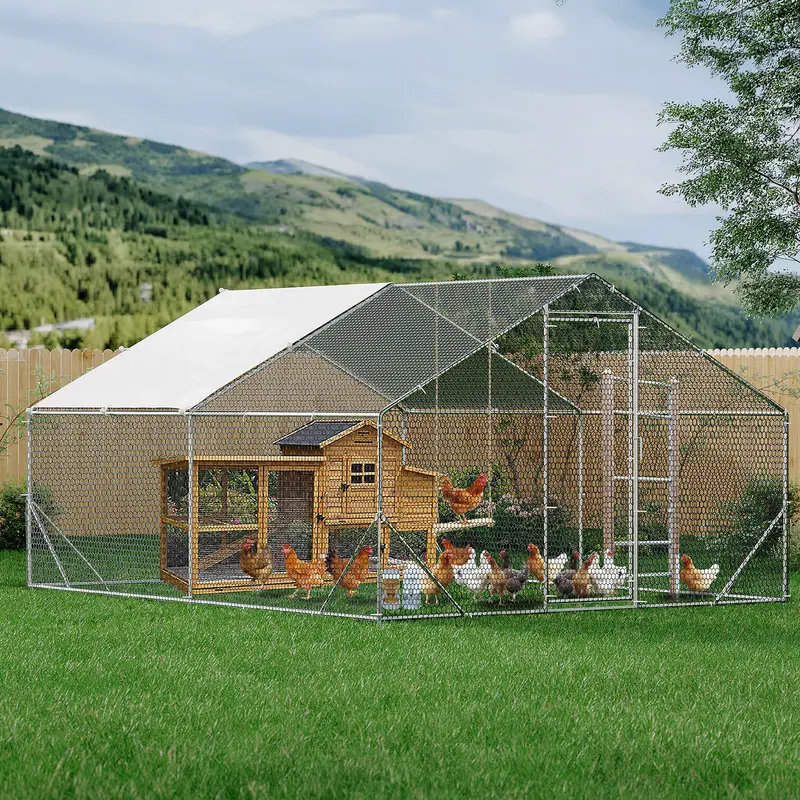 Large Metal Chicken Coop, Chicken Run for 10/20 Chickens, Outdoor Walk in Poultry Cage with Waterproof and Anti-UV Cover, 13.1 x 9.8 x 6.6 ft