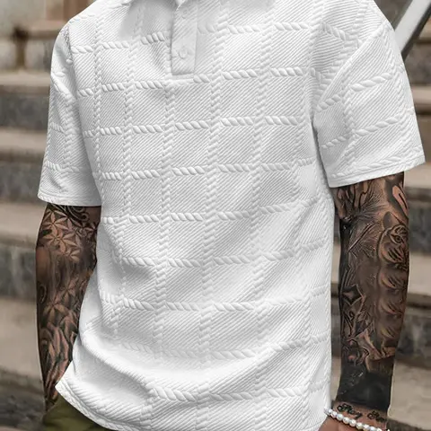 Men's Regular Fit Solid  Jacquard Polo Style Shirt, Casual Short Sleeve Top for All Seasons, Fashion Men's Clothes for Daily Wear, Tropical Menswear
