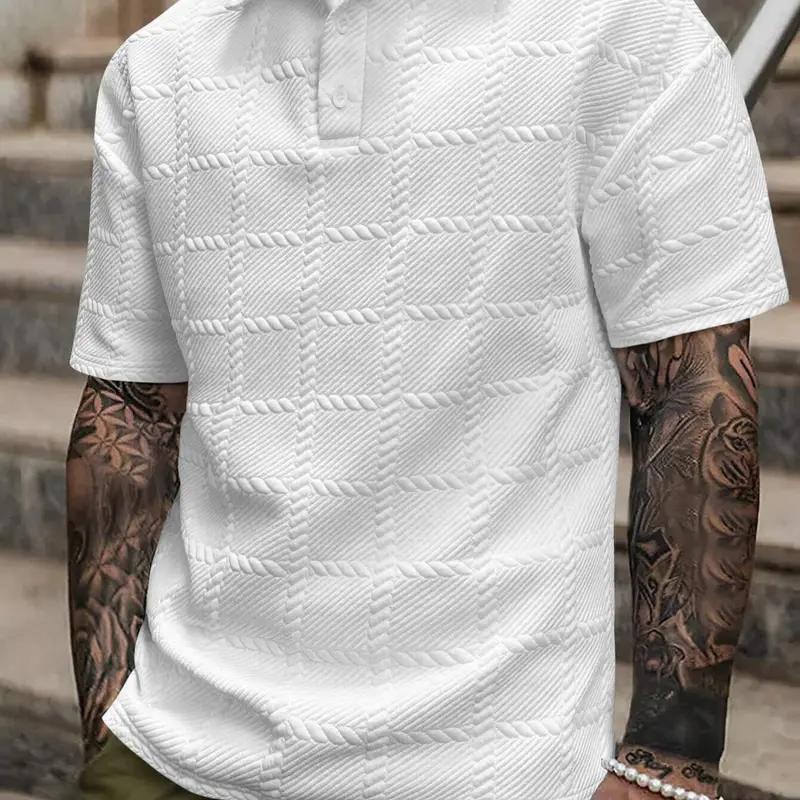 Men's Regular Fit Solid Jacquard Polo Style Shirt, Casual Short Sleeve Top for All Seasons, Fashion Men's Clothes for Daily Wear, Tropical Menswear
