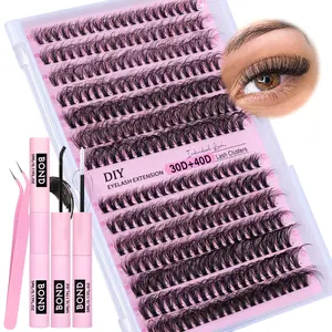 Fluffy Lashes Extension Kit 30D+40D 0.07mm 9-16 Eyelash Clusters 280pcs Cluster Lashes with Bond and Seal Lash Glue and Lash Applicator 9-16mm False Eyelashes Clusters Kit Eyelash Extensions Lash Extension