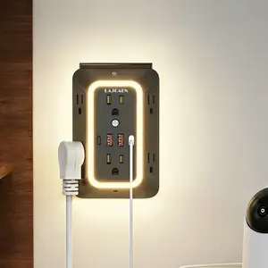 Surge Protector Power Strip - 6 Outlets 4 USB (2 USB C) Charging Ports With Night Light, 3-Sided Power Strip Wall Socket Extender with Adapter Spaced Outlets for Home Office,College Dorm Room （BLACK） USB Multi Plug