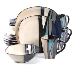 16 Piece Stoneware Dinnerware Set, Teal Blue