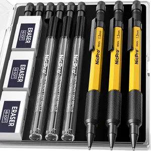 3 Pack 1.3 mm Mechanical Pencils Set with 36 Lead Refill, 3 Eraser - Weatherproof Metal Barrel, Heavy Duty Carpenter Pencil for Outdoor Marking Drafting Drawing Sketching Woodworking - with Case