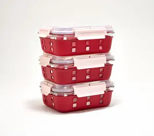 Cella S/(3) 6-Cup Rectangle GlassContainers w/ Domed Lid & Silicone Sleeve