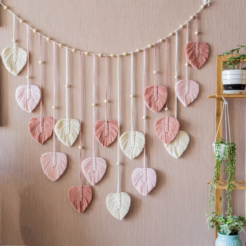 Boho Green Leaves Garland - Macrame Wall Art for Above Bed Decor, Mid Century Modern Living Room Wall Decor, Gift & Photo Wall Hanging Ornaments Home Design Decoration Interior Hangable Pink