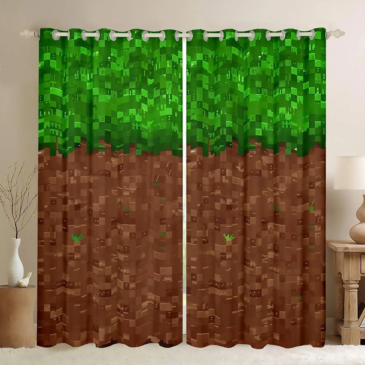 Pixel Curtain (2 Panels ) Kids Video Game Themed Blackout Shades Green Brown Room Darkening Curtain Window Treatments,Microfiber
