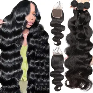 Ramiss 12A Human Hair Bundles with 2x6 Closure Brazilian Body Wave 3 Bundles Human Hair with 2x6 4x4 Lace Closure 100% Unprocessed Virgin Human Hair Weave