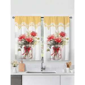2pcs flower Print Kitchen Window Curtain,Without Holes Curtain,Refer To Bedroom Office Kitchen Living Room Study Home Decor,A suitable gift for friends and family members. Moving House Gift.