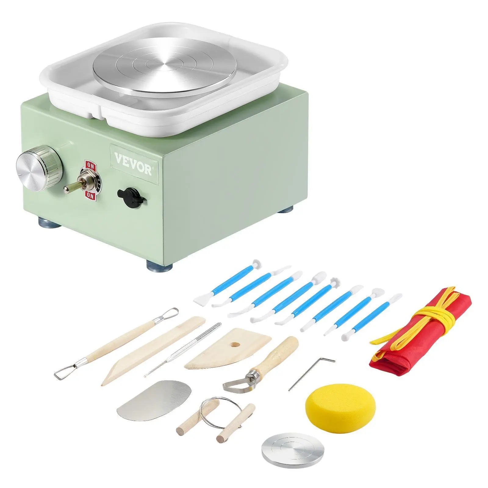 【Summerfinds】VEVOR Mini Pottery Wheel,  , 0-320RPM Adjustable Speed Detachable Basin Forming Machine, 2.56in/3.94in 2 Turntables Electric Ceramic Wheel Machine, 18pcs Accessories, for Art Craft Work Home DIY, Green