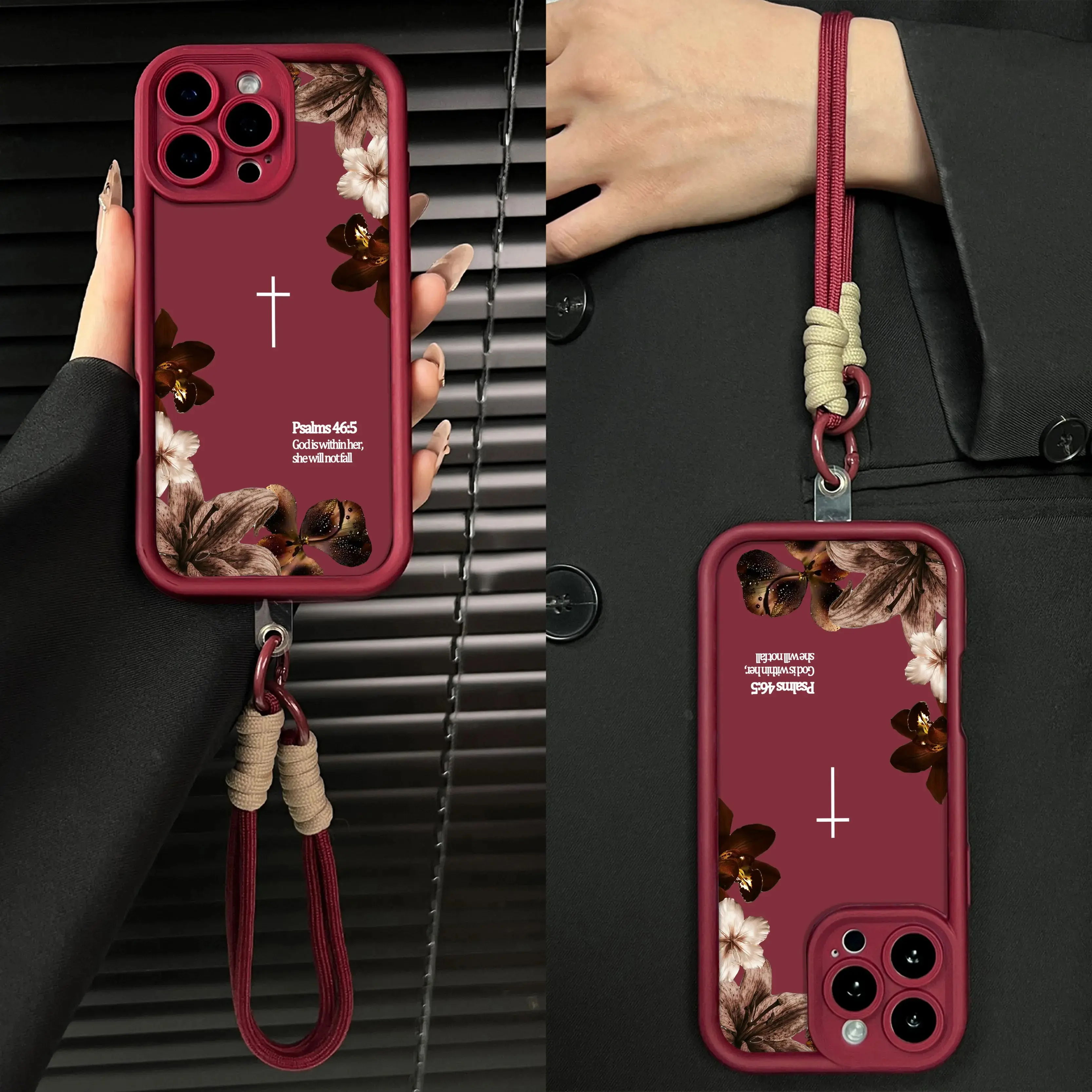Elegant Flower Psalms 46:5 phone case, TPU ultra-thin hanging rope anti fall protection, lightweight and durable Christ phone case, suitable for iPhone 17 Pro Max 16 Pro Max 15 Pro 14 13 12 11 and Samsung S25 S24 S23 series women's phone cases. A134