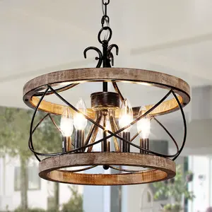 5 Lights 15.7" Farmhouse Caged Distressed Wood Chandelier with Adjustable Chain, Wood Pendant Lights for Home Decoration