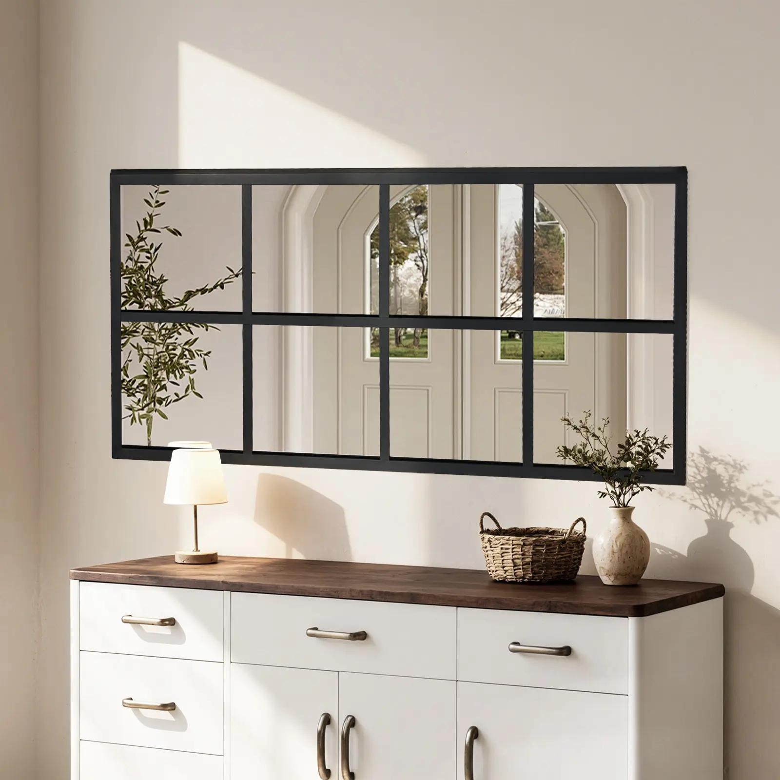 Matte Black Windowpane Grid Wall Mirror - Leaning & Hanging Decor for Bedroom, Living Room, Entryway-1 piece