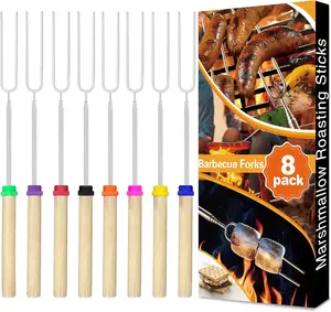 Camping Accessories for Skewer Roasting Sticks 32Inch. Extendable Stainless Steel Forks for Roasting Hot Dogs, Safe BBQ Fork Barbecue Utensils Grills