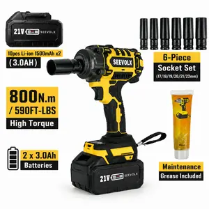 SEEVOLX 21V Cordless Impact Wrench Kit, 800N.m High Torque Power Tool, Tools and Gadgets with 2x 3.0Ah Batteries, 6-Piece Socket Set, Maintenance Grease for Professionals