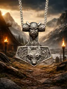 The Armored Kingdom Ancient Odin Long Chain Link Necklace - 316L Stainless Steel Norse Viking Allfather Amulet with Wolf, Celtic Knotwork, Runes, Ethnic-Inspired Icons Statement Necklace, Daily Wear Accessory, Royal Gift Included, Ethnic-Inspired Necklace