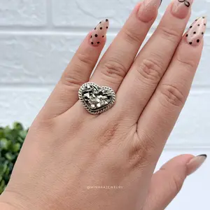 950 Silver Heart-shaped Ring with Natural Pyrite Stone of Abundance for Women