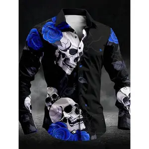 [3D Rose Skull Pattern Shirt] Autumn/Winter Casual 3D Rose and Skull Pattern Long Sleeve Shirt - Polyester Blend, Button-Up, Machine Washable