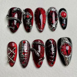 Snakeblood Hex – Red Black Press-On Nails, Gothic Metal Snake Eyes Fake Nails - DarkNailz
