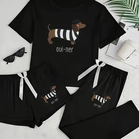 Women's Cartoon Sausage Dog Print Pajama Set, Casual Comfy Pajama, Sleepwear Loungewear Set, Casual Fitted Sleepwear, All Seasons Comfortable Nightwear, Moderate Fabric Thickness, Sleep Sets, Lounge Pj Set, Pajamas Lounge Set