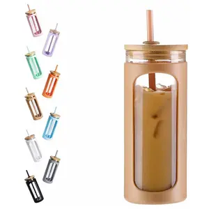 WINSA 20oz Glass Water Tumbler with Straw and Lid, Bamboo Lids Water Bottle, Iced Coffee Cup Reusable, Wide Mouth Smoothie Cups with Protective Silicone Sleeve BPA FREE Valentine's Day Gift