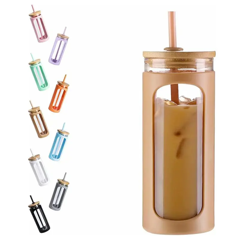 WINSA 20oz Borosilicate Glass Water Tumbler with Straw and Lid, Bamboo Lid Water Bottle, Reusable Iced Coffee Cup, Wide Mouth Smoothie Cup, with Protective Silicone Sleeve, BPA-Free